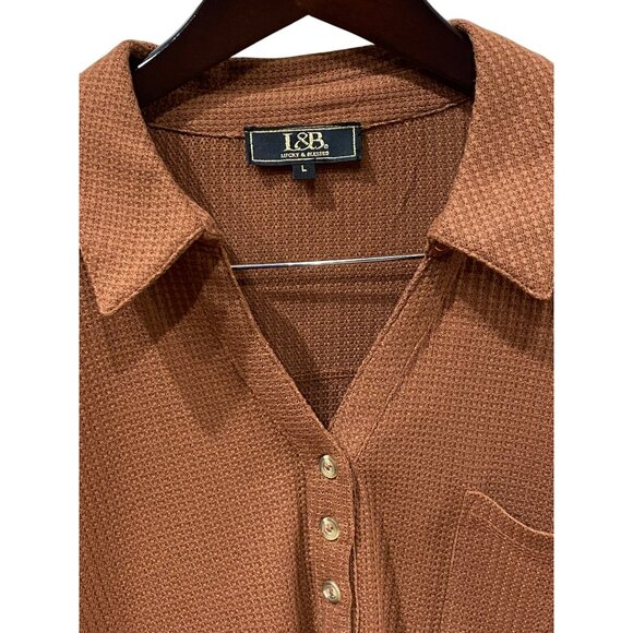 New L&B Womens Waffle Knit Brown Long Sleeve Button Down Shirt Dress Size Large - Picture 5 of 9
